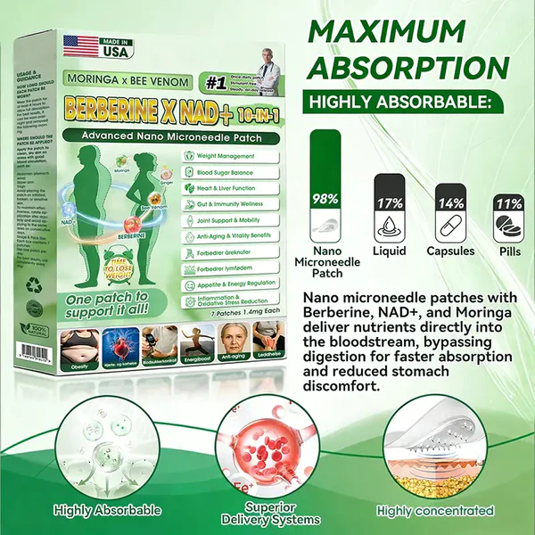 LOVILDS™ Moringa · Berberine × NAD+ 𝟏𝟎-𝐢𝐧-𝟏 𝐀𝐝𝐯𝐚𝐧𝐜𝐞𝐝 𝐍𝐚𝐧𝐨 𝐌𝐢𝐜𝐫𝐨𝐧𝐞𝐞𝐝𝐥𝐞 𝐏𝐚𝐭𝐜𝐡 — 𝐎𝐧𝐜𝐞 𝐃𝐚𝐢𝐥𝐲, 𝐕𝐢𝐬𝐢𝐛𝐥𝐞 𝐑𝐞𝐬𝐮𝐥𝐭𝐬 𝐢𝐧 𝟕 𝐃𝐚𝐲𝐬