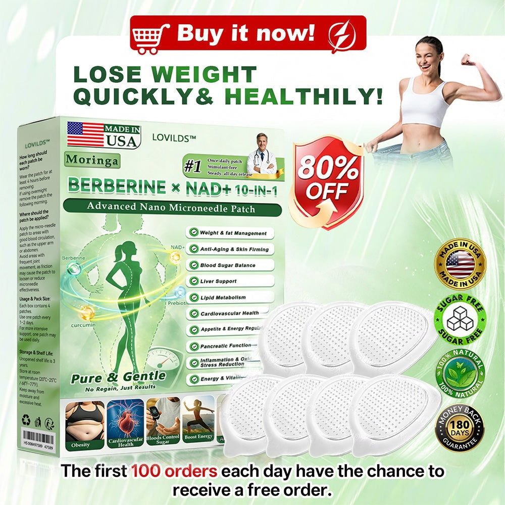 LOVILDS™ Moringa · Berberine × NAD+ 𝟏𝟎-𝐢𝐧-𝟏 𝐀𝐝𝐯𝐚𝐧𝐜𝐞𝐝 𝐍𝐚𝐧𝐨 𝐌𝐢𝐜𝐫𝐨𝐧𝐞𝐞𝐝𝐥𝐞 𝐏𝐚𝐭𝐜𝐡 — 𝐎𝐧𝐜𝐞 𝐃𝐚𝐢𝐥𝐲, 𝐕𝐢𝐬𝐢𝐛𝐥𝐞 𝐑𝐞𝐬𝐮𝐥𝐭𝐬 𝐢𝐧 𝟕 𝐃𝐚𝐲𝐬